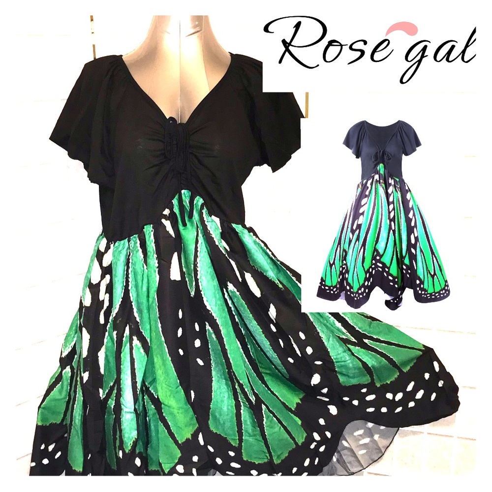 Plus Size Butterfly Print Swing Dress - Green - 14